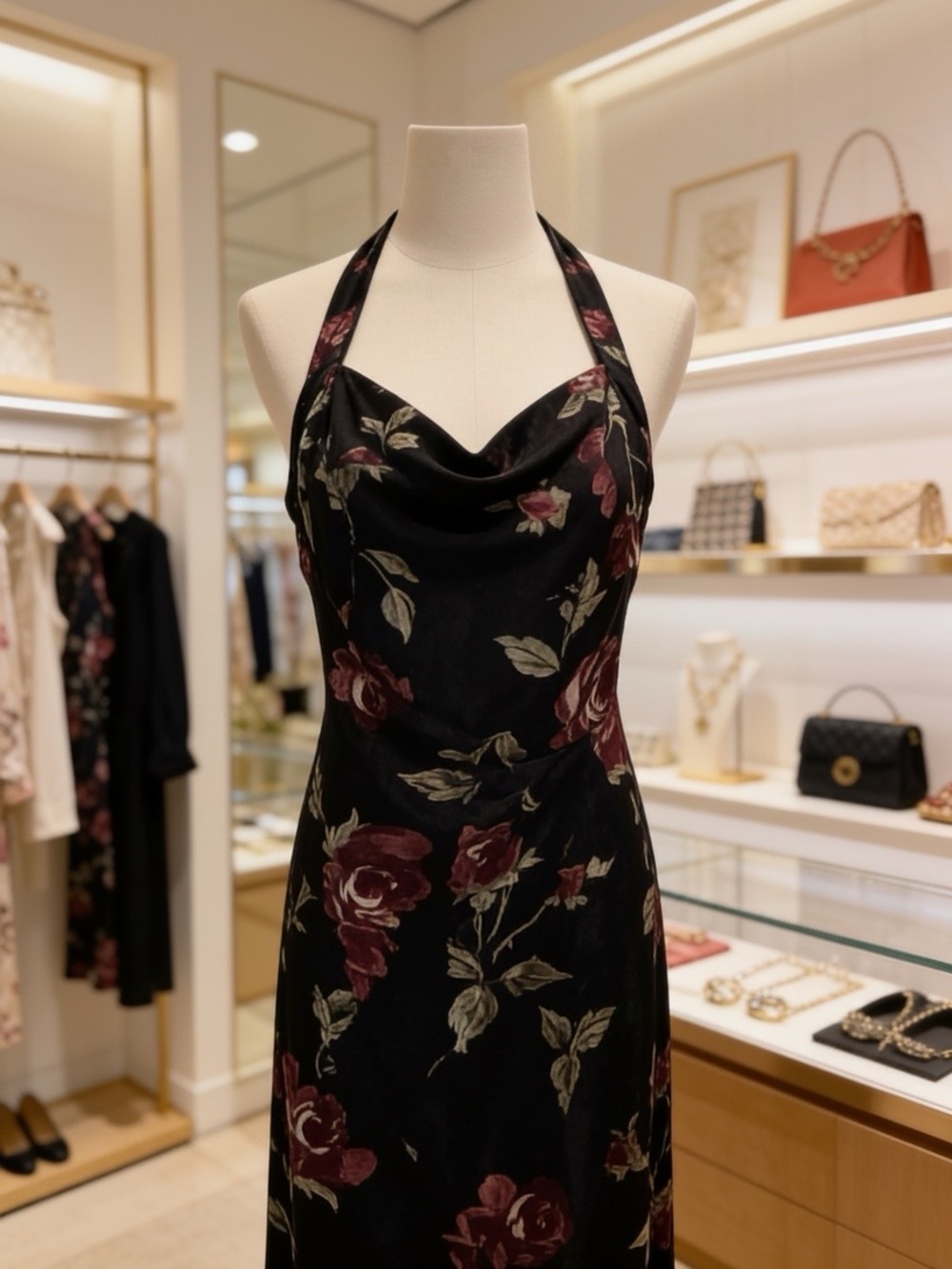 Vintage Frederick's of Hollywood Black Halter Dress with Burgandy Floral Design